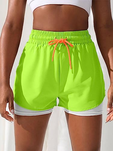 YOAKUKA Women's 2 in 1 Workout Shorts Gym Workout Yoga Running Biker Tennis Skirts Clothes Summer Fluorescent Green
