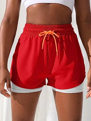 YOAKUKA Women's 2 in 1 Workout Shorts Gym Workout Yoga Running Biker Tennis Skirts Clothes Summer Red
