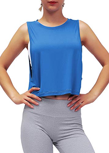 Mippo Workout Crop Tops for Women Gym Shirts Athletic Tank Tops Cropped Workout Tank Yoga Clothes Blue L
