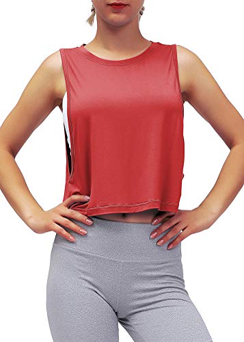 Mippo Workout Crop Tops for Women Gym Shirts Athletic Tank Tops Cropped Workout Tank Yoga Clothes Red L