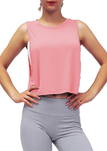 Mippo Workout Crop Tops for Women Gym Shirts Athletic Tank Tops Cropped Workout Tank Yoga Clothes Pink L