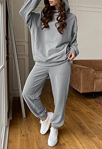 Linsery Women Sweatsuit Pullover Hoodie Sweatpants Sport Outfits 2 Pieces Jogger Set Sport Suit Grey L