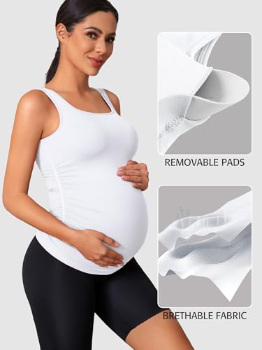ATTRACO Maternity Workout Tops Sleeveless Pregnancy Workout Clothes Ribbed Slim Fitted White Medium