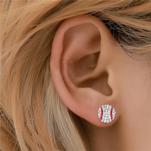 Dreuyet 6 Pair Sport Ball Stud Earrings Rhinestone Crystal Baseball Basketball Volleyball Football Rugby Shiny Sport Earrings for Women Sport Fans (6pairs Sport Earrings)