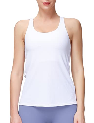 MotoRun Workout Tank Tops Activewear Built in Bra Strappy Yoga Tops Athletic Open Back Shirts Activewear for Women White Large