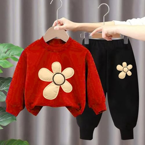 Red Boy Girl Children Boy Girl Activewear Set Flower Tops Pants Outfits Sweatshirt Activewear Set for Child Work Out Gym Match Pullover Two Piece Activewear Set 2024 7 Years