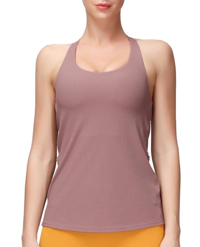 MotoRun Workout Tank Tops Activewear Built in Bra Strappy Yoga Tops Athletic Open Back Shirts Activewear for Women Camel Medium