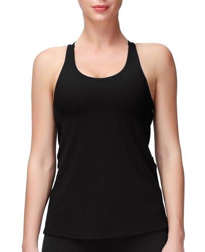 MotoRun Workout Tank Tops Activewear Built in Bra Strappy Yoga Tops Athletic Open Back Shirts Activewear for Women Black Small