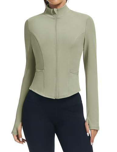 LOMON Womens Athletic Jacket Workout Crop Tops Zip Up Womens Workout Shirts Gym Jacket Pilates Clothes Green L