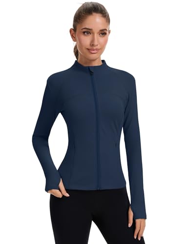 Rapbin Women's Athletic Jackets Workout Crop Tops Zip Up Womens Workout Shirts Gym Jacket Pilates Clothes (Navy XS)