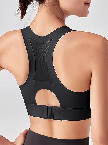 Womens Sports Bra High Impact - Black Racerback Sports Bras for Women Full Coverage, High Support Sports Bras for Women Running, Non Removable Padded Sports Bra, Seamless Workout Sports Bra Yoga Bra