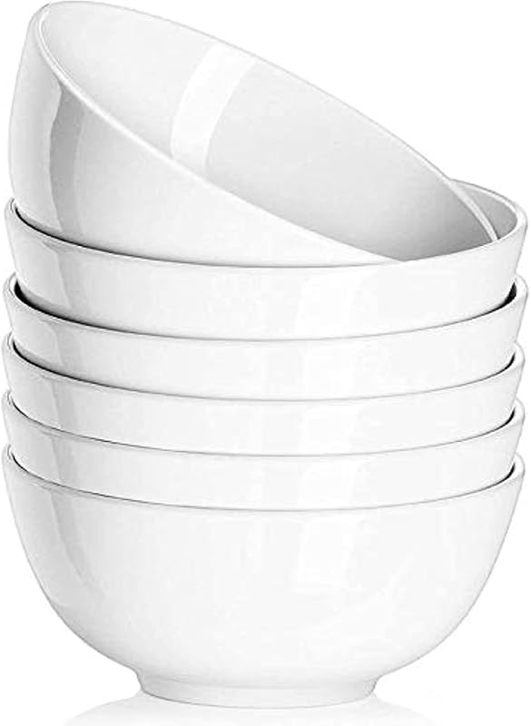 White Ceramic Cereal Bowls Set of 6, 22 Ounces for Soup, Rice, and Pas