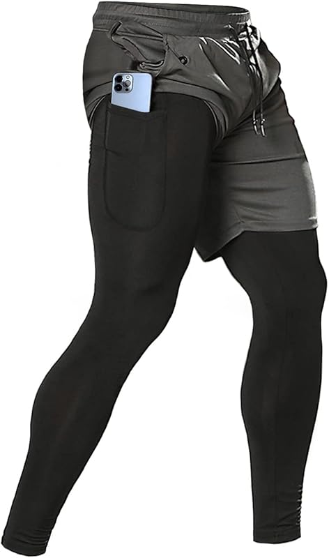 Aolesy Men's 2 in 1 Running Pants, Gym Workout Compression Pants for M