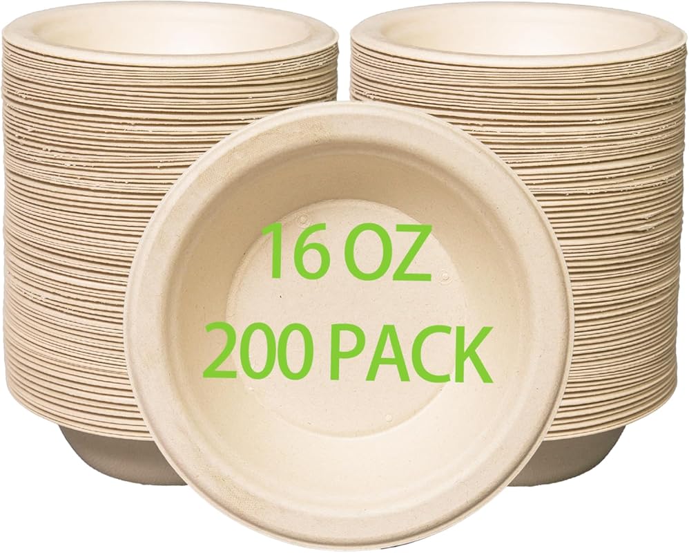 16 oz Compostable Paper Bowls 200pack, Heavy-Duty, Eco-Friendly, Bulk 
