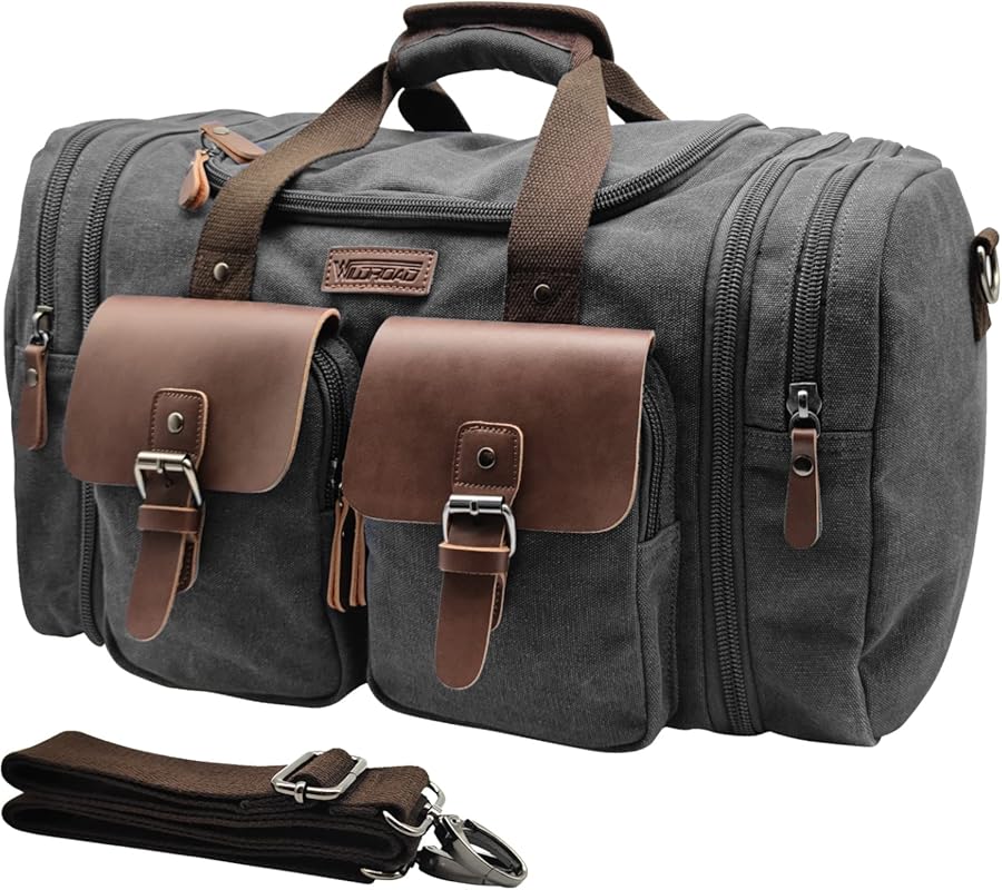 Wildroad 60L Travel Duffel Bag, Expandable Canvas Genuine Leather Duff