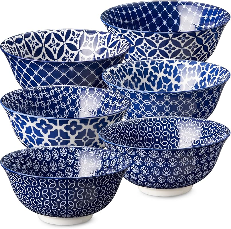 Almark Slimline Cereal Bowls Set of 6, 23 oz Ceramic Soup Bowls for Ki