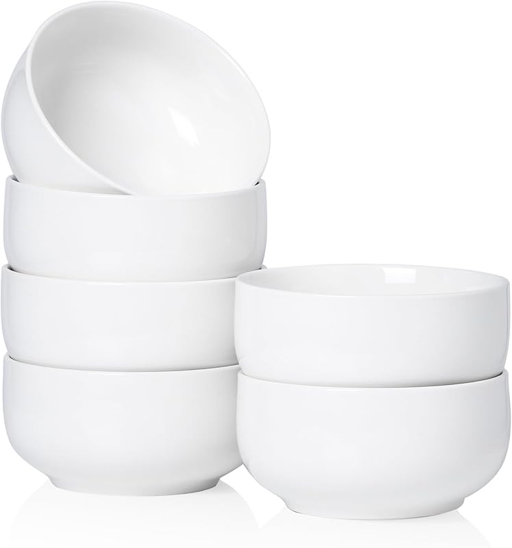 Kanwone 24 oz Porcelain Cereal Bowls Set of 6, White, Microwave Safe