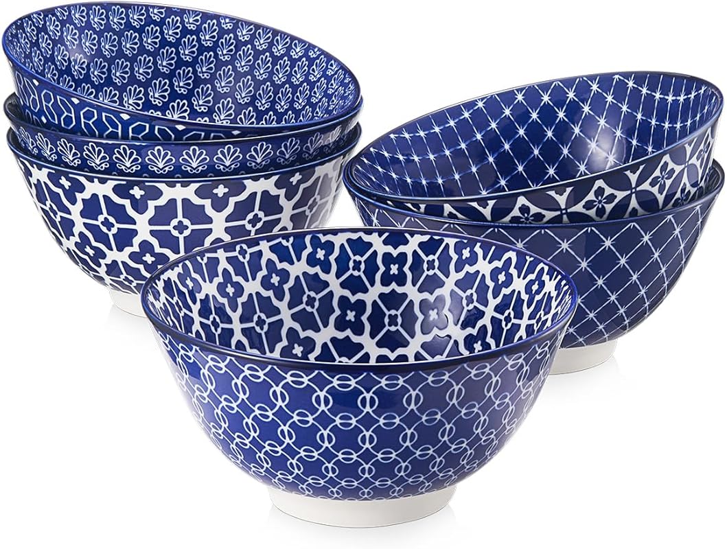 Almark Slimline Large Bowls Set of 6, 33 oz Deep Ceramic Bowls for Ram
