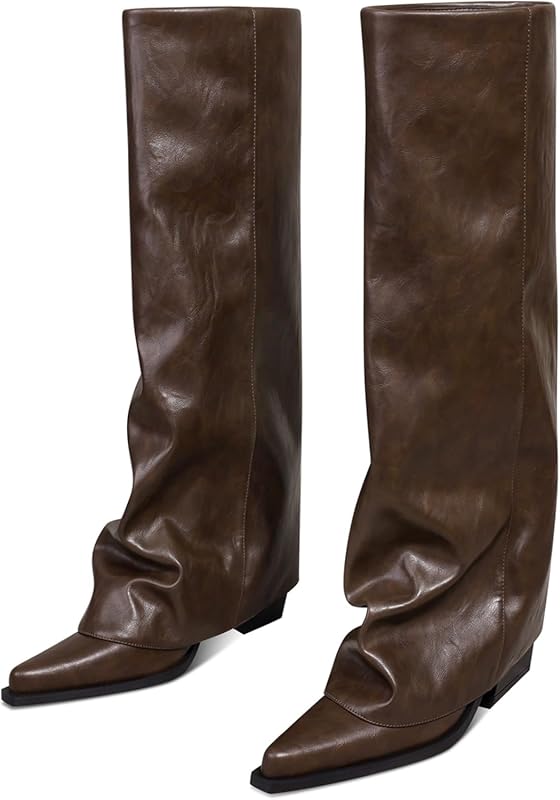 Women's Fold Over Knee High Boots Wide Calf Chunky Heel Long Boots Wom