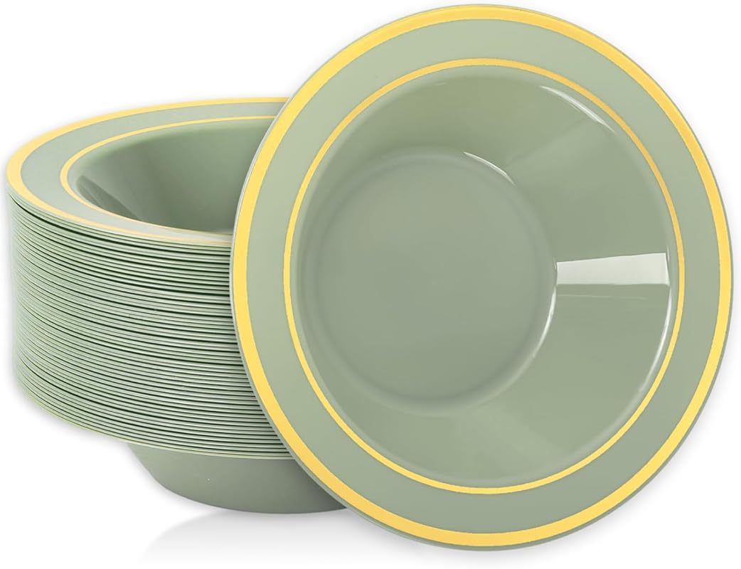 Whaline 50-Pack Sage Green Plastic Bowls with Gold Rim, 12 oz Disposab