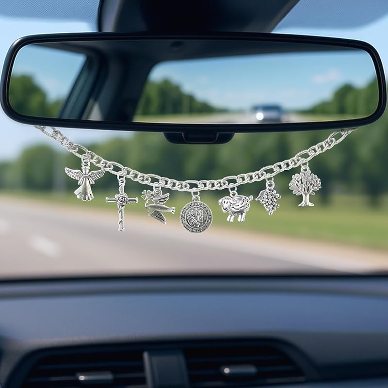 Saint Christopher Silver Cross Car Mirror Pendant, Faith-Based Auto De