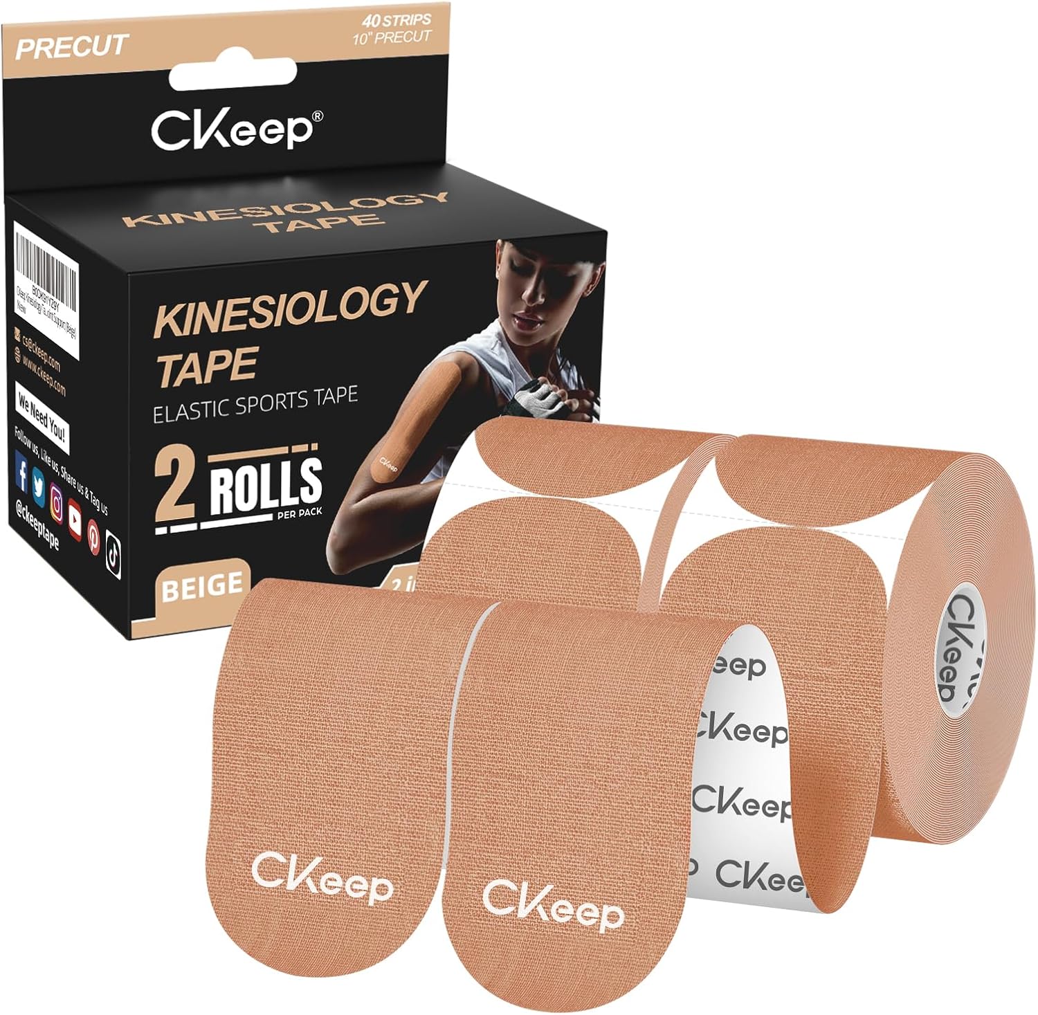 CKeep Kinesiology Tape, 2 Rolls Latex-Free Hypoallergenic Precut Strip