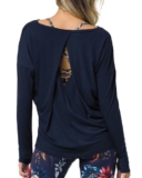 Sanutch Open Back Workout Tops Long Sleeve Activewear Shirts Backless Yoga Top Workout Clothes for Women Navy L